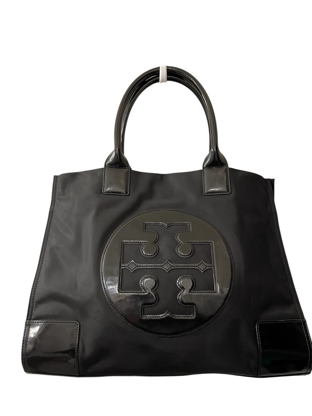 Tory Burch Large Ella Expandable Black Nylon Logo Tote with Patent Leather Trim